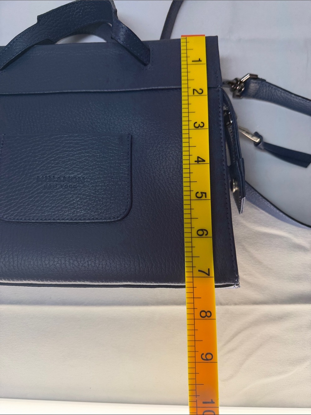 Min & Mon New York Vali Crossbody Navy Blue Pebbled Leather Top-Handle Satchel - Picture 7 of 10